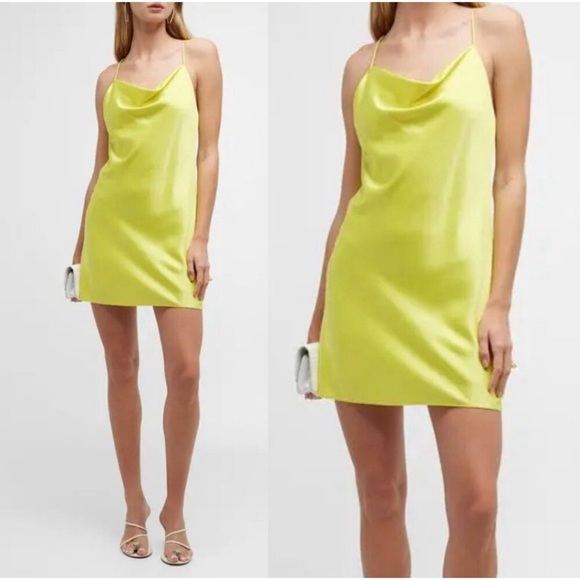 Alice + Olivia Harmony Mini Slip Satin Cowl Neck Dress in Canary Yellow, Size 0 - Picture 1 of 11